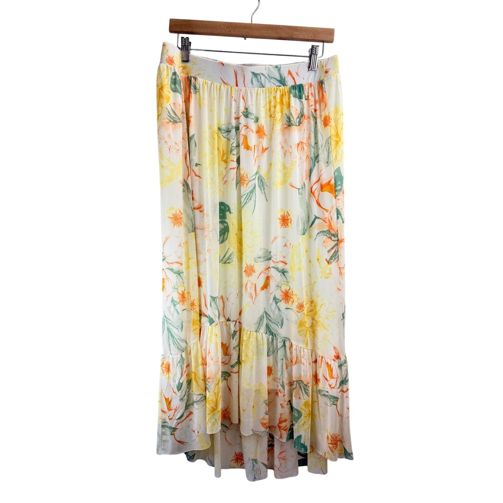 Cato Womens Floral Yellow Orange White Sheer Boho Beachy Tiered Maxi Skirt M